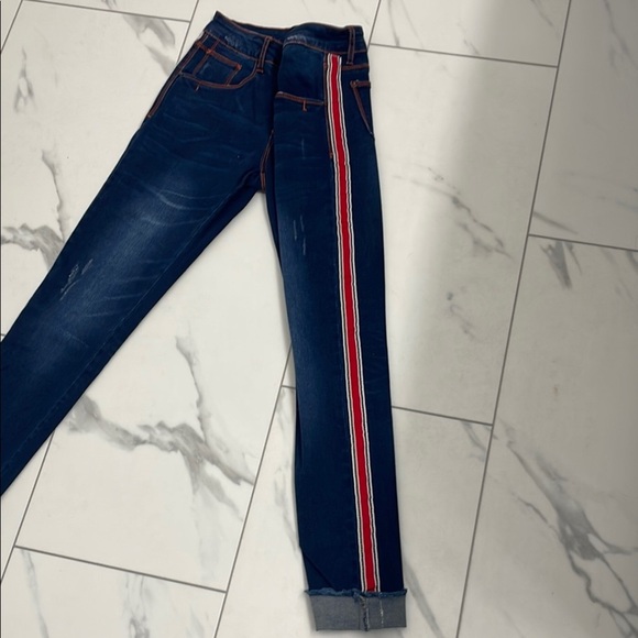 Frank Lyman Skinny Jeans with Red Tuxedo Strip, Distressed. Size M - Picture 4 of 12